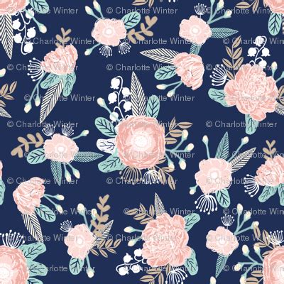 Watercolor elegant navy blue and blush floral borders vector. florals - navy blue, blush pink, taupe fabric wallpaper - charlottewinter - Spoonflower