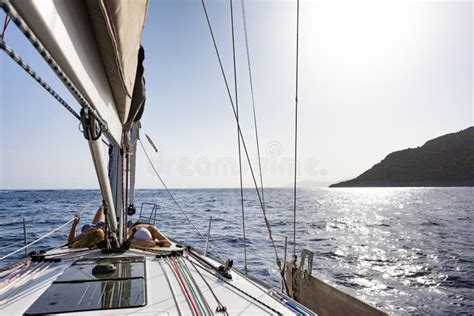 Sailing Boat At Bow Relaxing Stock Photo Image Of Away Distance
