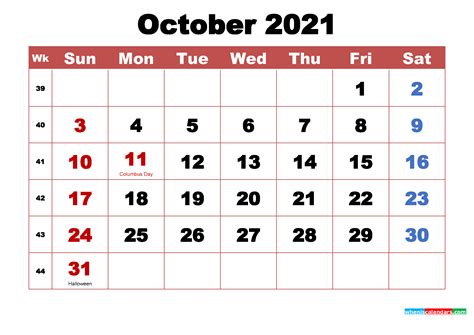 October 2021 Calendar With Holidays Printable