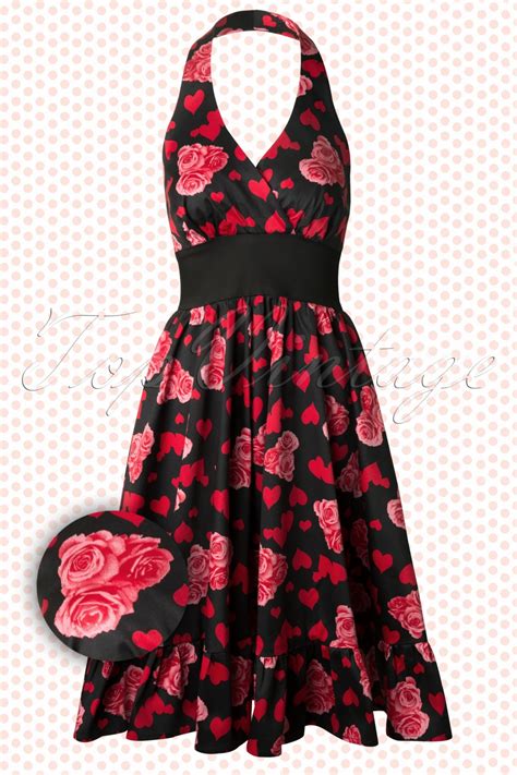 50s Hearts And Roses Swing Halter Dress In Black