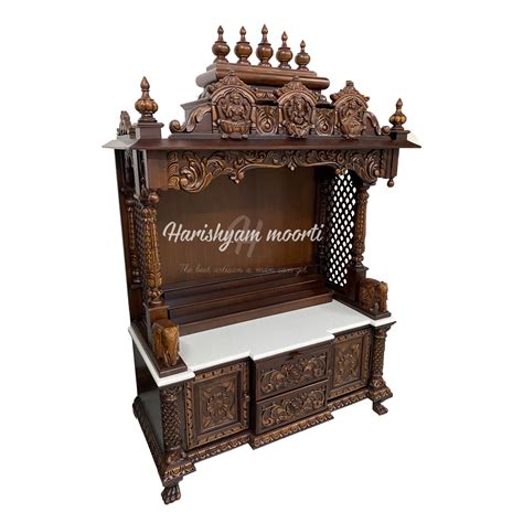 Pooja Wooden Temple In Teak Wood With Double Steps And Drawers Pooja