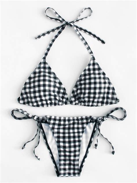 Gingham Triangle Halter Top With Self Tie Side Bikini Bikinis Side