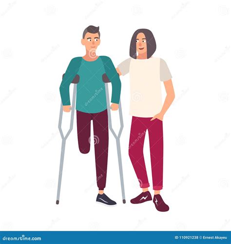One Legged Man With Crutches Standing Together With His Friend Smiling