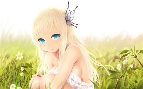 Hintergrundbilder Blond Blumen Lange Haare Anime Mädchen Blaue Augen Natur Sitzung