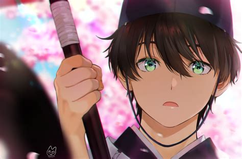 All Male Brown Hair Cherry Blossoms Close Flowers Green Eyes Hat Hyouka Japanese Clothes Male