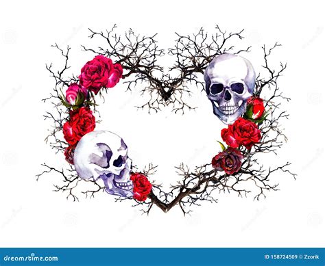 Heart With Human Skull Branches Red Rose Flowers Watercolor For