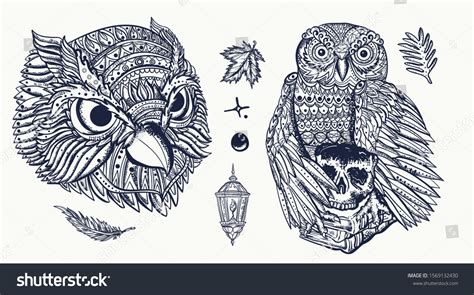 Vektor Stok Owls Heads Old School Tattoo Set Tanpa Royalti 1569132430