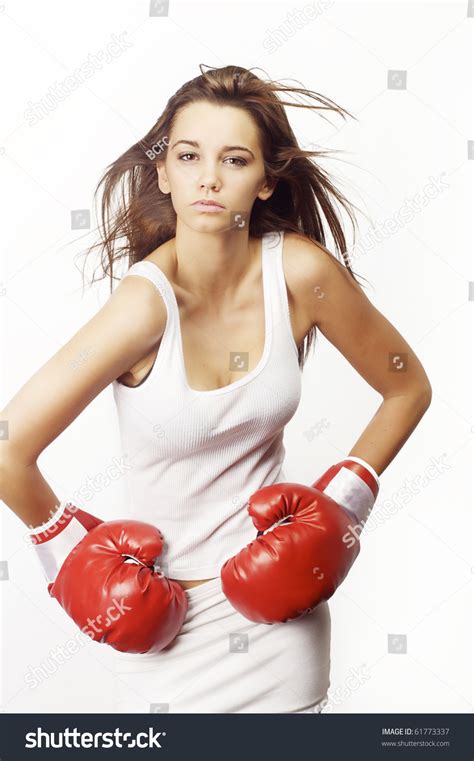 Young Attractive Woman Wearing Red Boxing Gloves Isolated