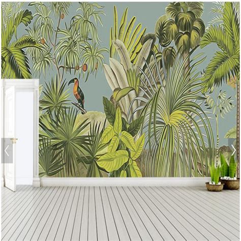 Custom Retro Mural Wallpaper Tropical Rain Forest Parrot
