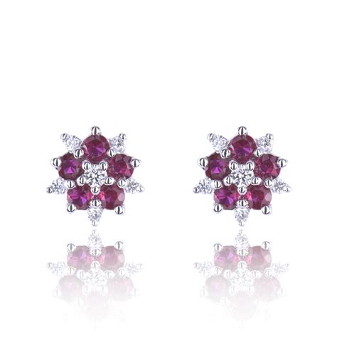 Ct White Gold Ruby And Diamond Cluster Flower Earrings