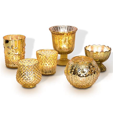 Vintage Glam Gold Mercury Glass Tea Light Votive Candle Holders 6 Pack Assorted Designs And