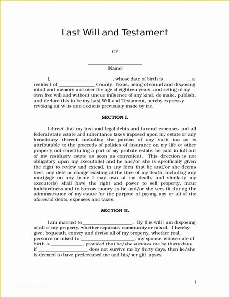 Texas Last Will And Testament Free Template