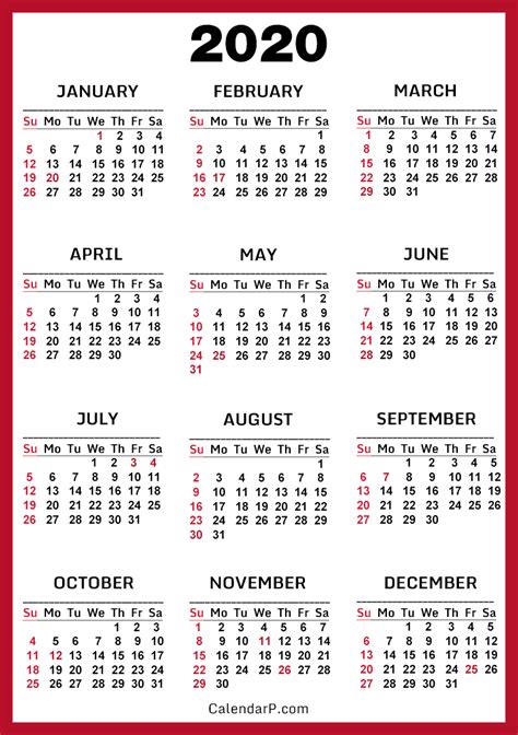 2020 Calendar With Us Holidays Printable Free Red Sunday Start