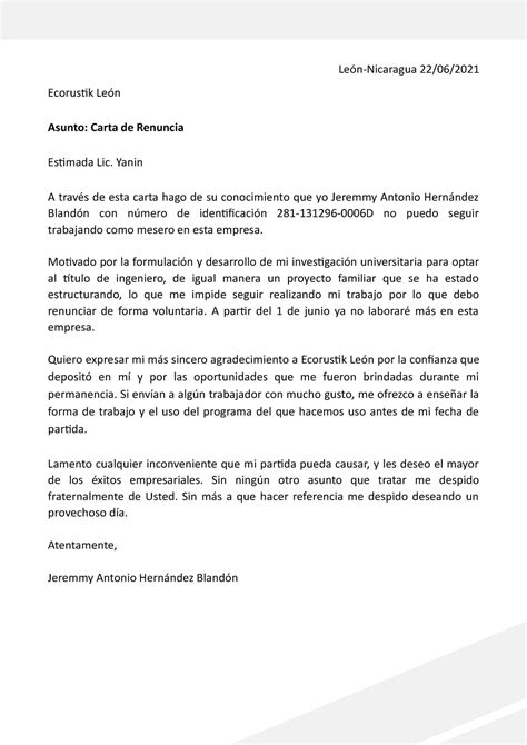 25 Modelo Carta De Renuncia Voluntaria 15 Dias León Nicaragua 2206