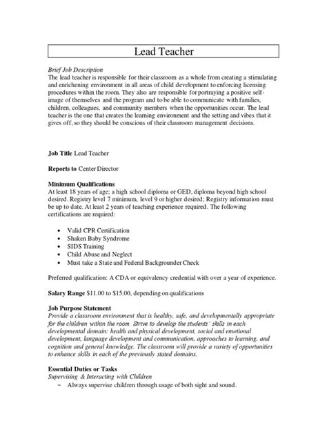 Lead Teacher Job Description Pdf Teachers Classroom