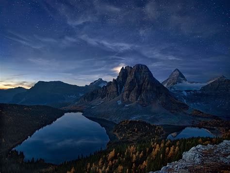 Canada Starry Night Mountain Lake Forest Fall Snowy