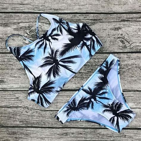 Cute Summer Palm Tree Swimset By Pesci Moda High Neck Bikinis