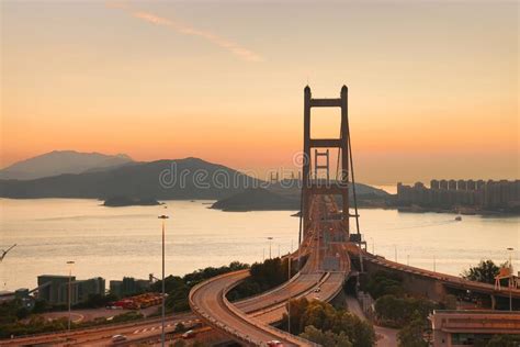 Sunset Of Tsing Ma Bridge Landmark Suspension Bridge 6 Nov 2021 Stock