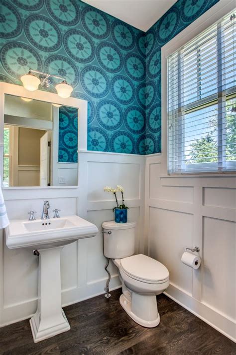 Powder Room With Blue Patterned Wallpaper And White Wainscoting Hgtv
