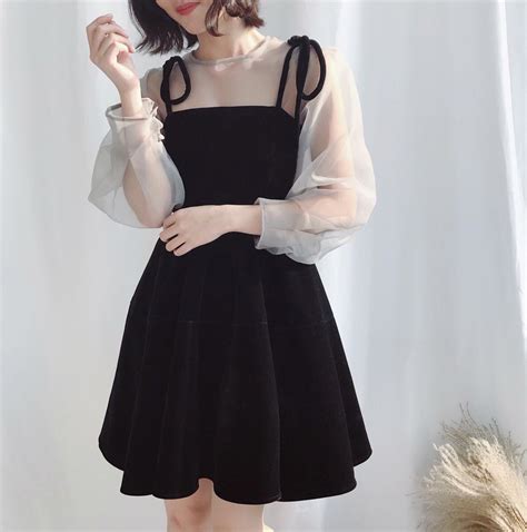 A Pretty Black Dress With White Illusion Sleeves Koreanfashion
