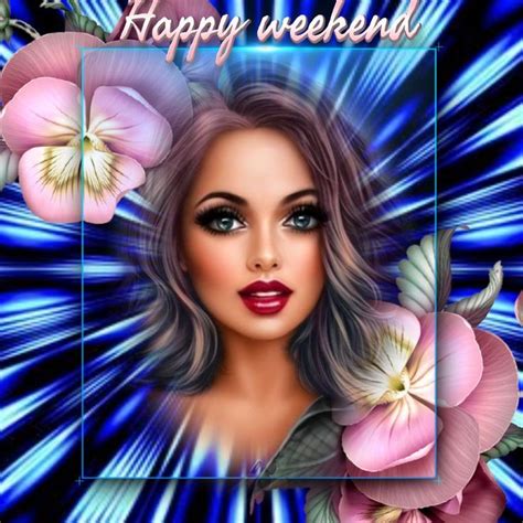 a woman with blue eyes and flowers in front of her is the words happy weekend