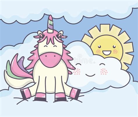 Cute Adorable Unicorn And Clouds With Sun Kawaii Characters Stock