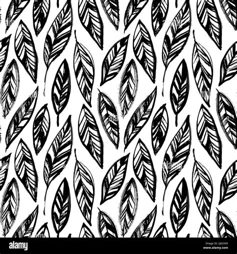 Hand Drawn Black Leaves Vector Seamless Pattern Stock Vector Image