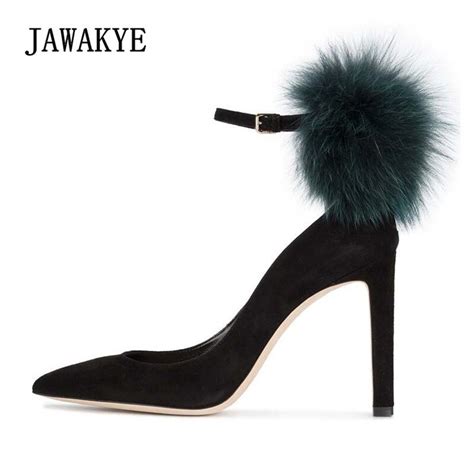 2018 Fox Fur High Heel Shoes Woman Pointed Toe Suede Fashion Ankle