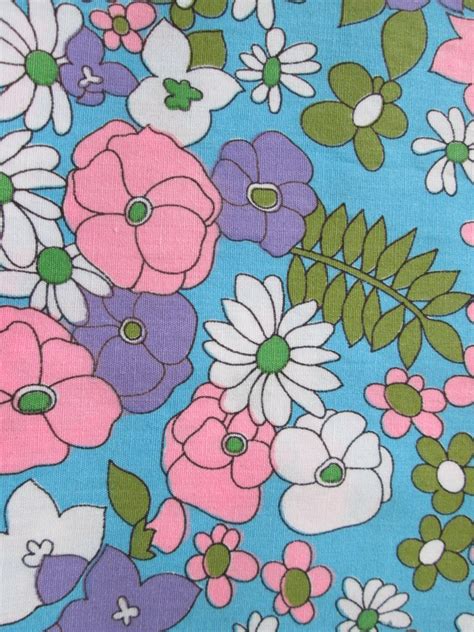 vintage mod fabric retro 1960s floral fabric remnant blue