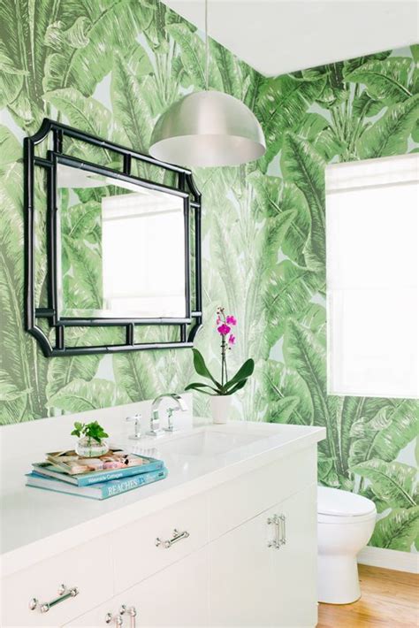 Beach Cottage Bathroom With Tropic Leaf Wallpaper Makes A Bright And