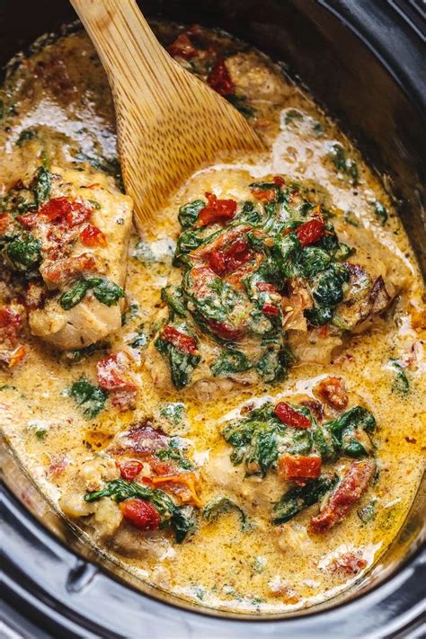 Crockpot Tuscan Garlic Chicken Thighs With Spinach And Sun Dried