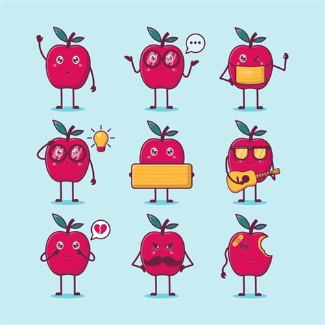 Premium Vector Cute Apple Fruit Character Mascot Collection Set