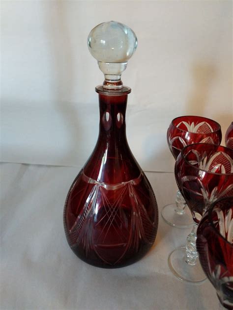 Vintage Ruby Red Glass Cut To Clear Crystal Decanter With 6 Etsy