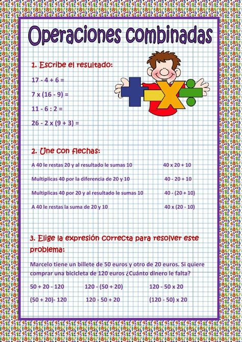 Imprimir fichas para niños gratis. Operaciones combinadas ficha interactiva y descargable. Puedes hacer los ejercicio… | Secundaria ...