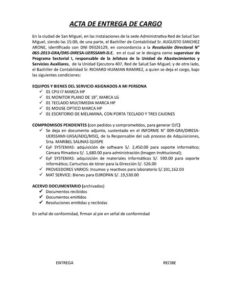 Modelo De Acta De Entrega De Cargo Assistente Administrativo Pdmrea