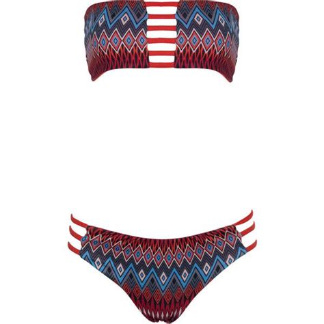 Red Tribe Print Lattice Detail Bandeau Bikini Top And Bottom Bikinis