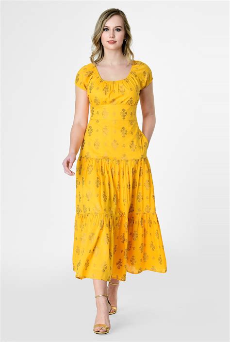 Shop Floral Gold Foil Print Cotton Maxi Dress Eshakti