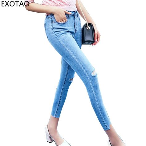 Exotao Skinny Slim Jeans Femme Holes Stretched Ripped Jeans For Women