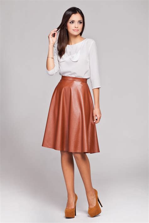 Brown Leather Flared Knee Length Skirt Brown Leather Skirt Faux