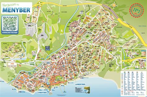 Karta över nerja i costa del sol, spanien. Nerja hotels and sightseeings map