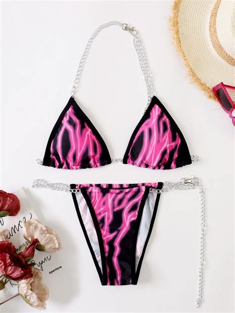 Lightning Print Bikini Set Chain Linked Micro Triangle Bra And Thong 2 Piece Swimsuit Shein Usa