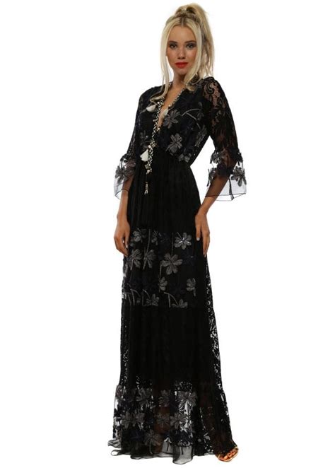 Black Lace Navy Sequin Flower Maxi Dress