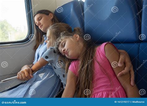 Asleep Mom And Daughters Fell Asleep In An Electric Train Car Stock Image Image Of Daughters