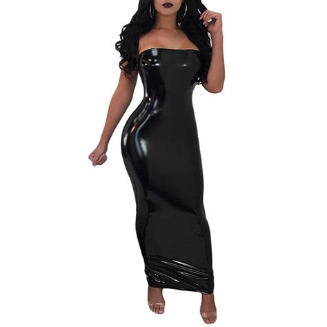 Abbille 2018 Hot Exotic Designer Pu Leather Dress Women Black Strapless Bandage Dress Sexy Off