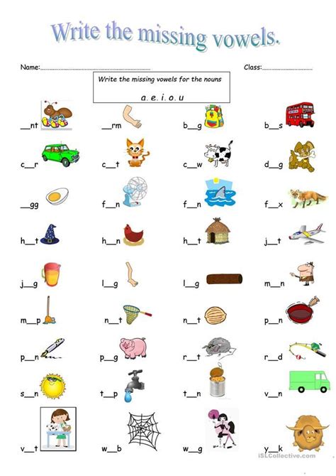 Write The Missing Vowels For The Nouns Vowel Worksheets Kindergarten