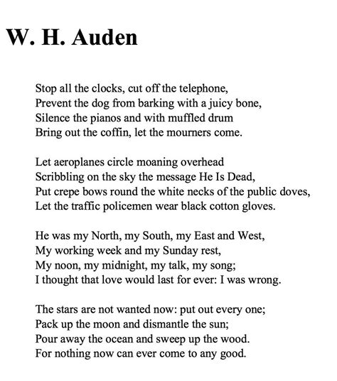 Funeral Blues Wh Auden Funeral Blues Poems Poems By Famous Poets