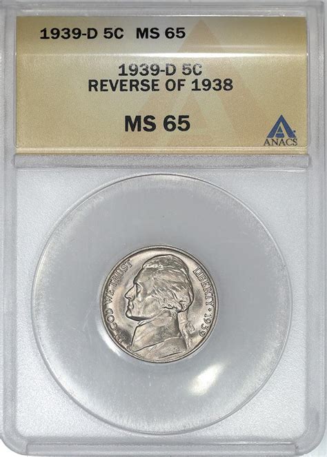 1939 D Jefferson Nickel Reverse Of 1938 Anacs Ms 65