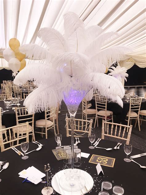 Great Gatsby Themed Centrepiece White Ostrich Feather Martini Glass