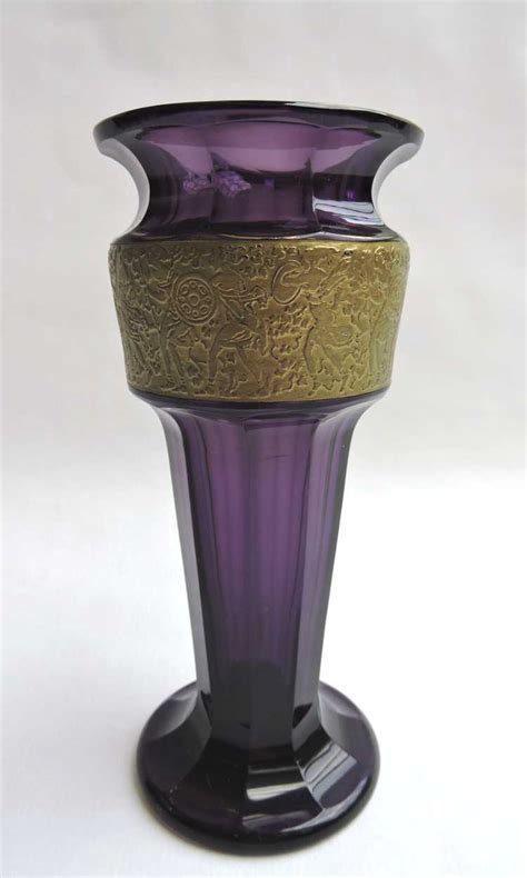 Signed Moser Karlsbad Crystal Vase Acid Etched And Gold Banded Amethyst Colour C 1870 1925