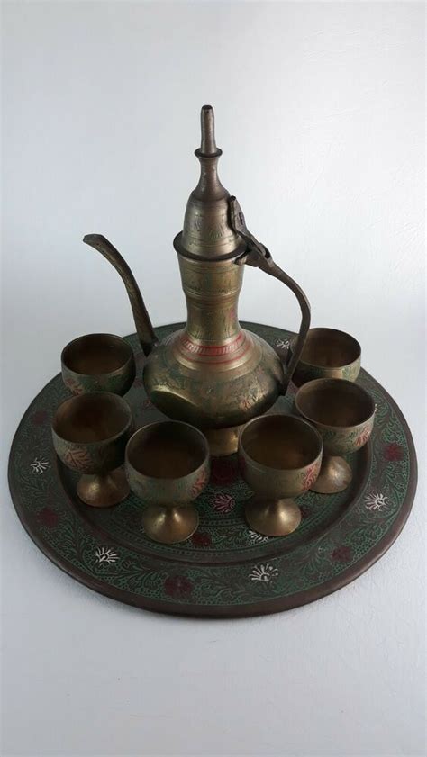 Antique Brass Islamic Arabic Coffee Pot Set Cups Tray Dallah Middle
